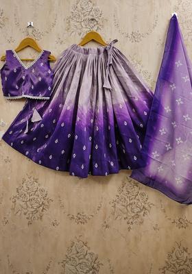 Purple Woven Design Silk Lehenga Set For Girls
