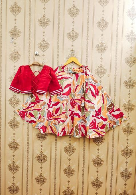 Red Printed Viscose Lehenga Set For Girls — view on Indya