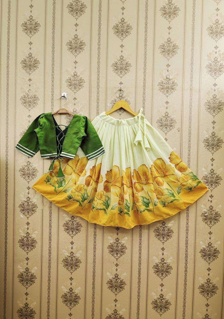 Yellow Solid Silk Lehenga Set For Girls - Indya