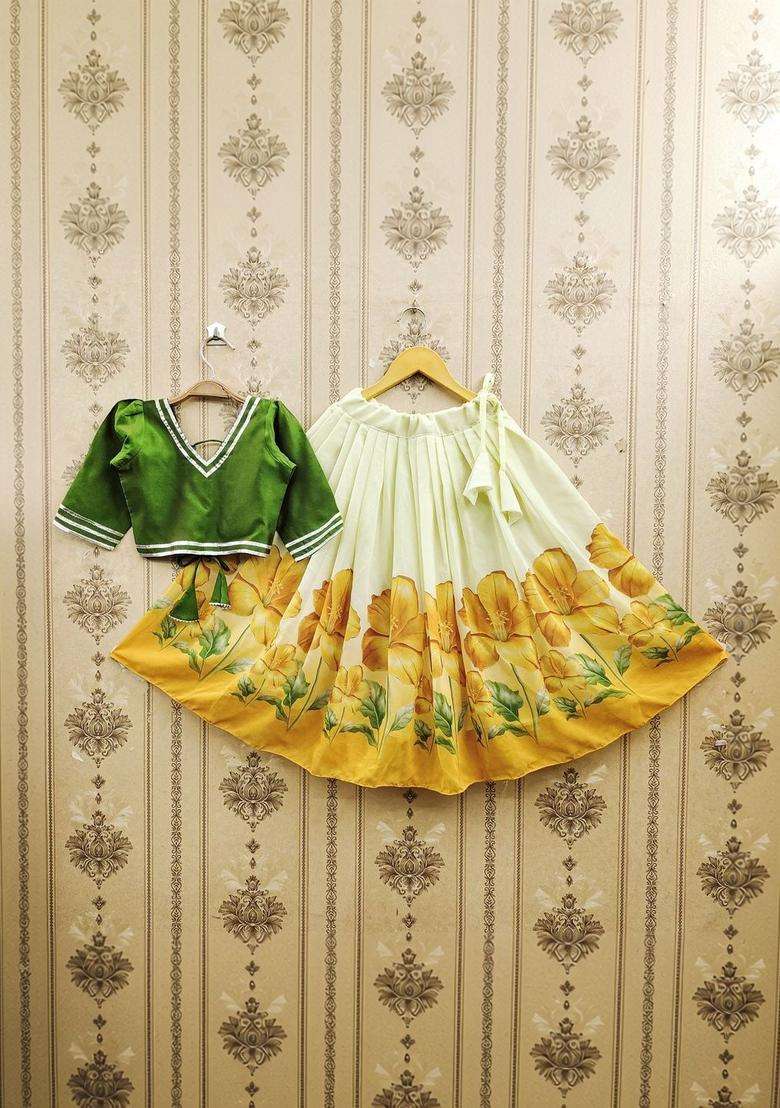 Yellow Solid Silk Lehenga Set For Girls - Indya