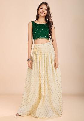 Green Embroidered Silk Lehenga Set For Girls