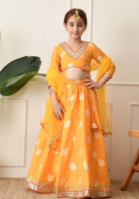 Yellow Embroidered Silk Lehenga Set For Girls — view on Indya
