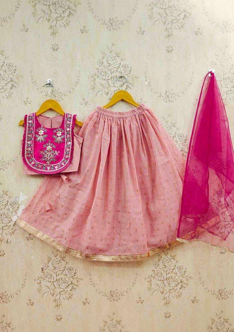 Peach Woven Design Silk Lehenga Set For Girls - Indya