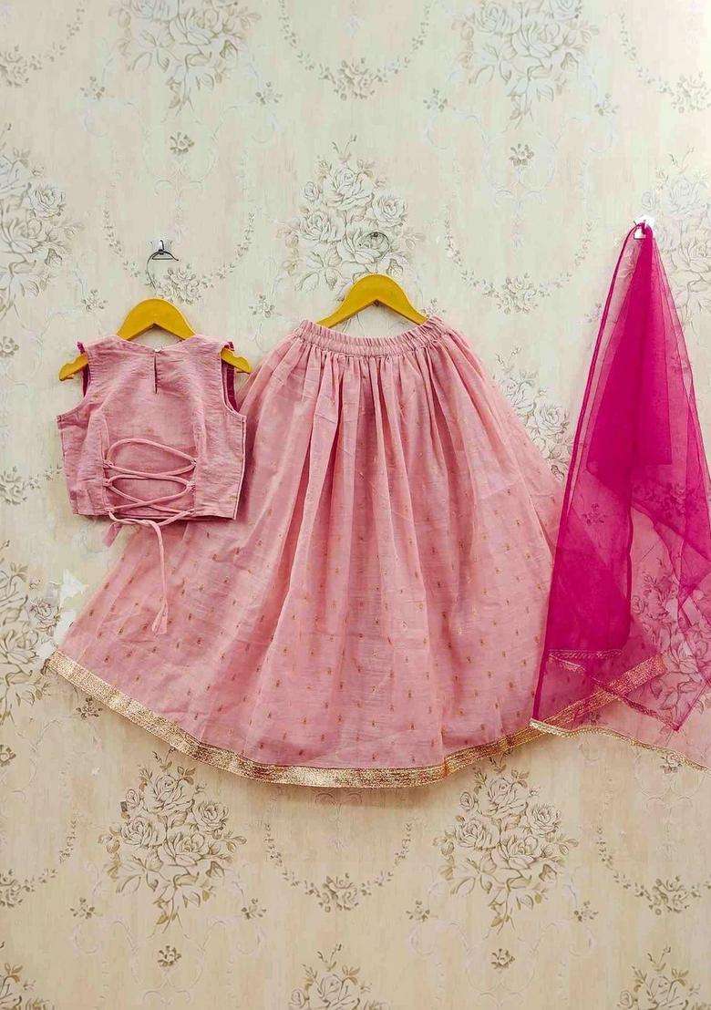 Peach Woven Design Silk Lehenga Set For Girls - Indya
