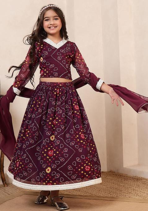 Maroon Printed Georgette Lehenga Set For Girls — view on Indya