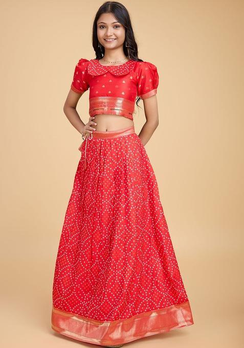 Red Printed Silk Lehenga Set For Girls — view on Indya