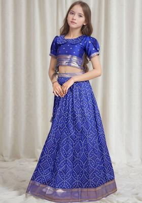 Purple Woven Design Silk Lehenga Set For Girls