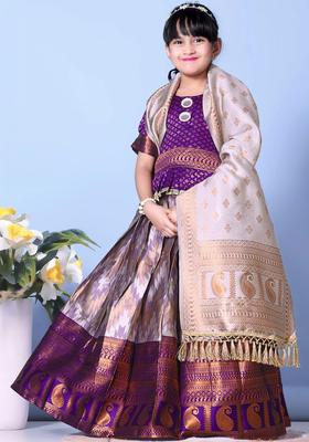 Purple Woven Design Silk Lehenga Set For Girls
