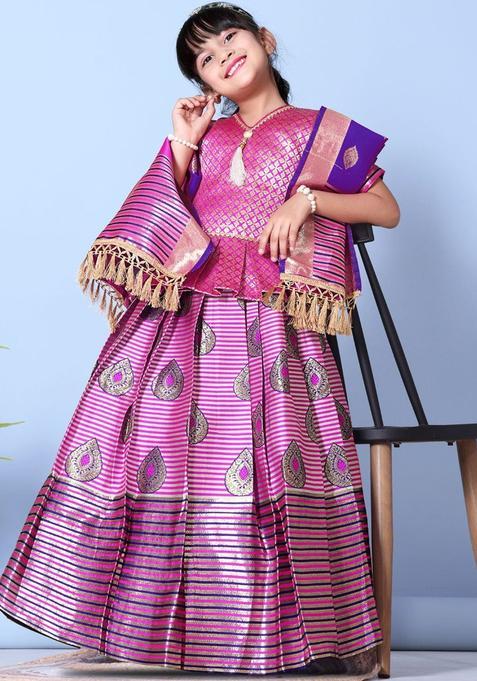 Pink Woven Design Silk Lehenga Set For Girls — view on Indya