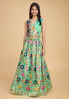 Green Woven Design Silk Lehenga Set For Girls