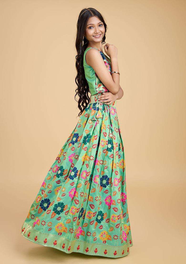 Green Woven Design Silk Lehenga Set For Girls - Indya