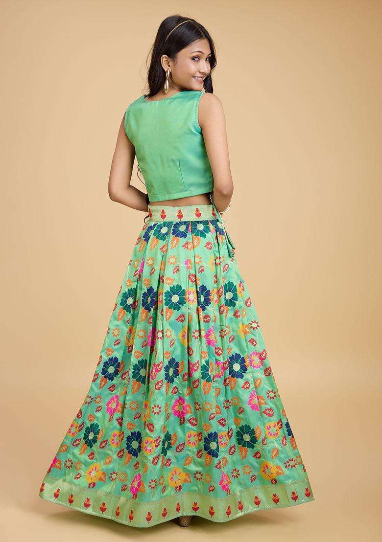 Green Woven Design Silk Lehenga Set For Girls - Indya