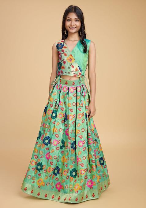 Green Woven Design Silk Lehenga Set For Girls — view on Indya