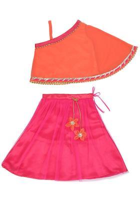 Peach Solid Satin Lehenga Set For Girls