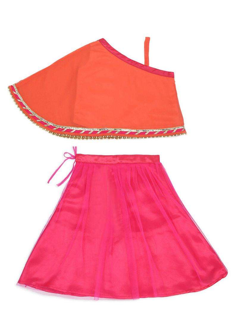 Peach Solid Satin Lehenga Set For Girls - Indya
