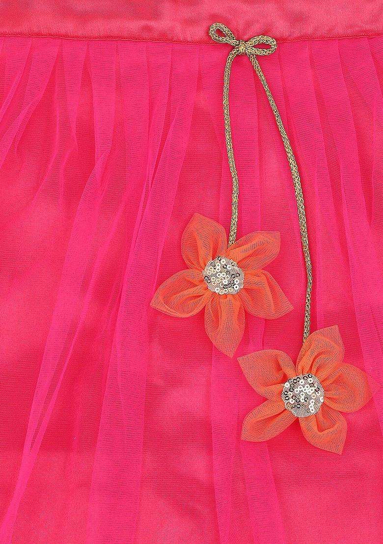 Peach Solid Satin Lehenga Set For Girls - Indya