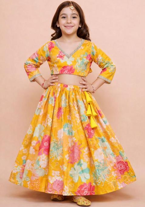 Yellow Printed Silk Lehenga Set For Girls — view on Indya