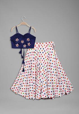 Blue Solid Crepe Lehenga Set For Girls