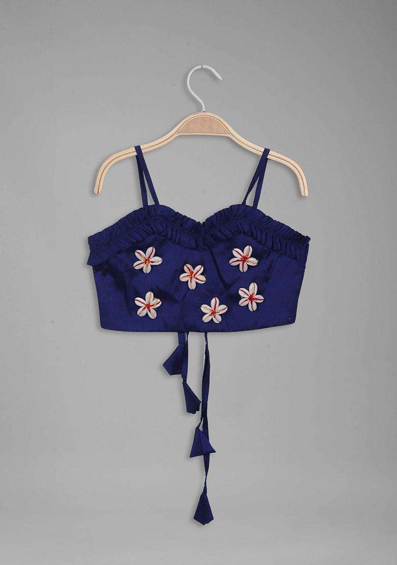 Blue Solid Crepe Lehenga Set For Girls - Indya