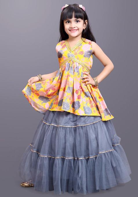 Yellow Printed Net Lehenga Set For Girls — view on Indya