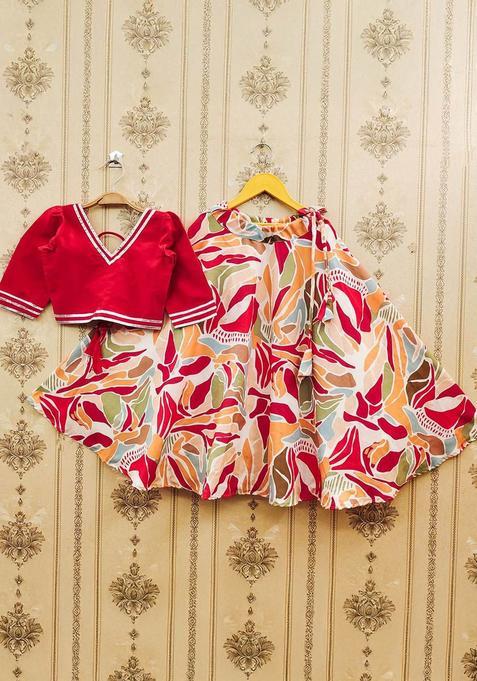 Red Embellished Viscose Lehenga Set For Girls — view on Indya