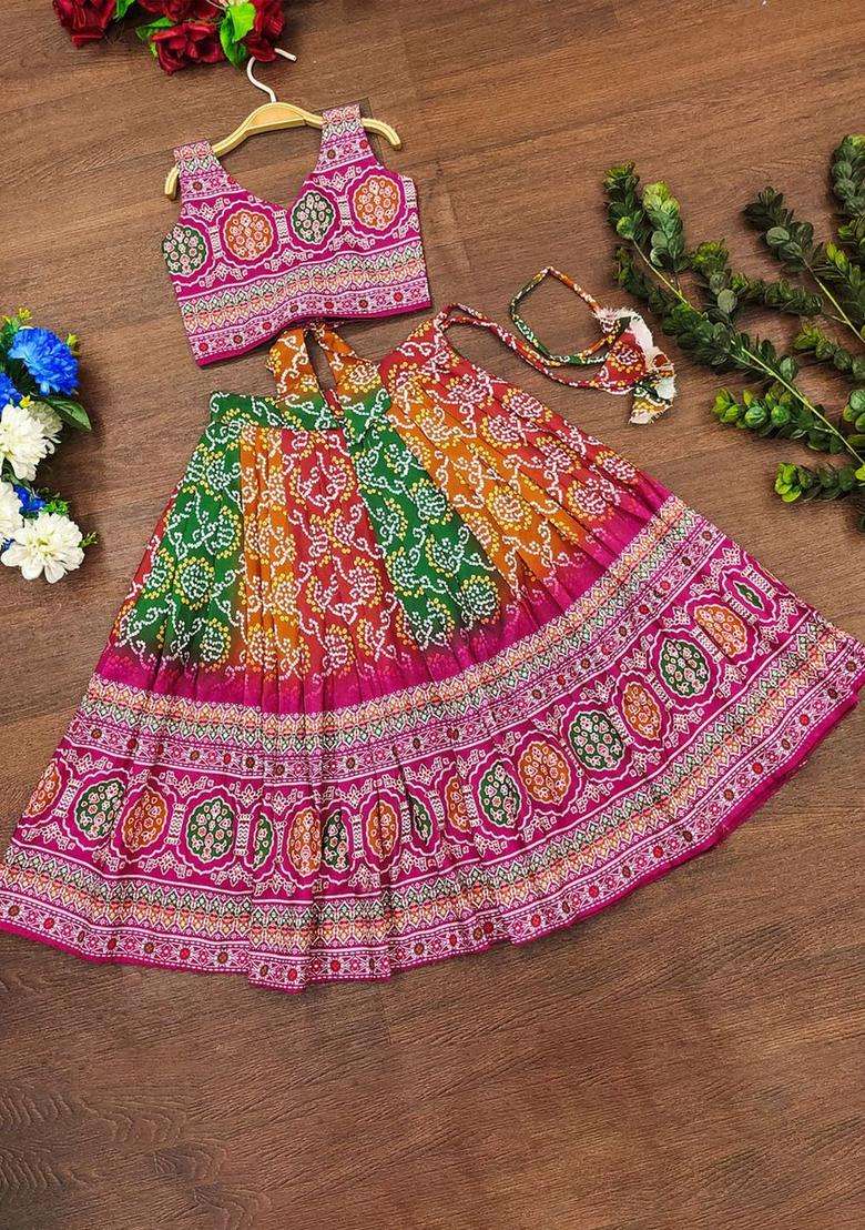 Purple Printed Viscose Lehenga Set For Girls - Indya