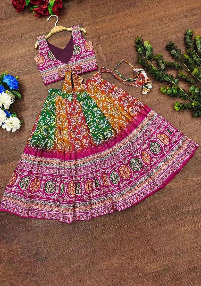Purple Printed Viscose Lehenga Set For Girls - Indya