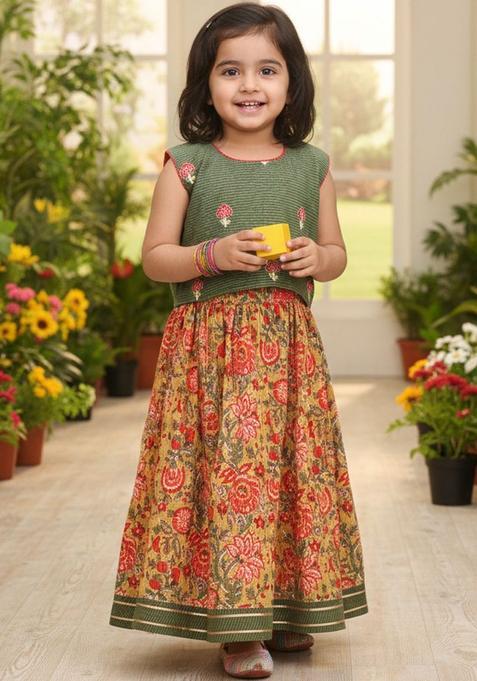Green Embroidered Cotton Lehenga Set For Girls — view on Indya