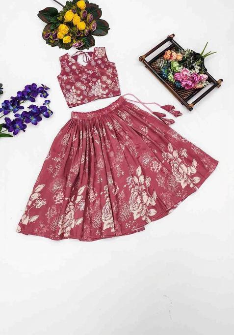 Maroon Printed Cotton Lehenga Set For Girls — view on Indya