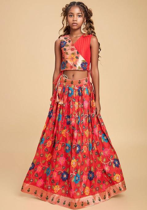 Red Floral Silk Lehenga Set For Girls — view on Indya