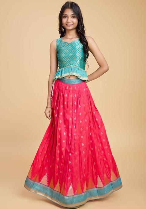 Pink Woven Design Silk Lehenga Set For Girls — view on Indya