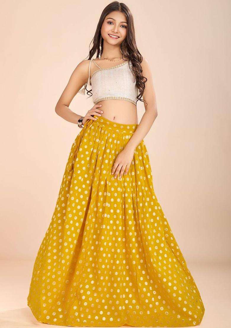 Yellow Embellished Georgette Lehenga Set For Girls - Indya