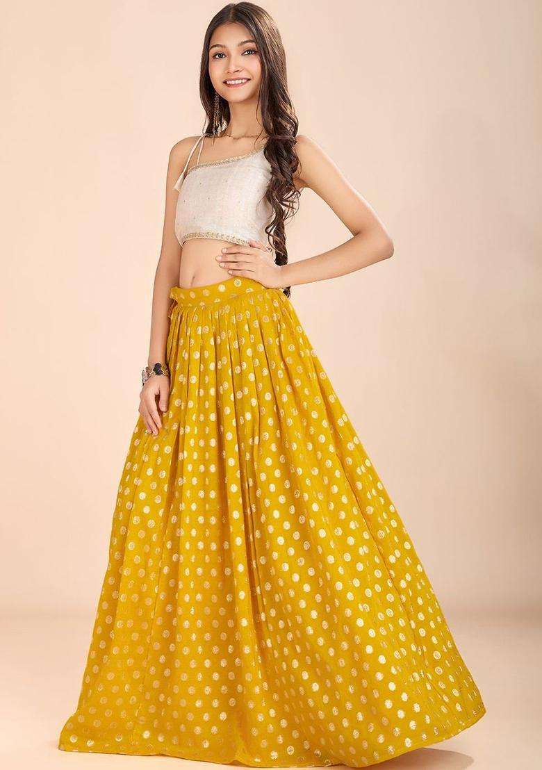 Yellow Embellished Georgette Lehenga Set For Girls - Indya