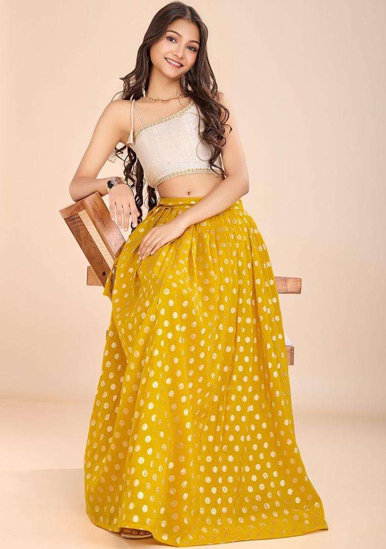Yellow Embellished Georgette Lehenga Set For Girls - Indya