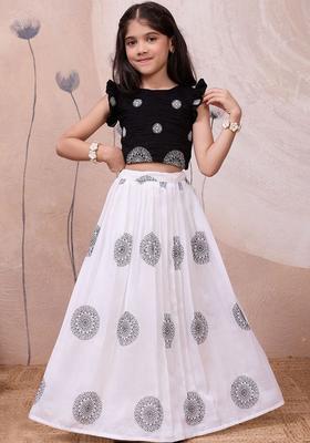 White Embroidered Cotton Lehenga Set For Girls