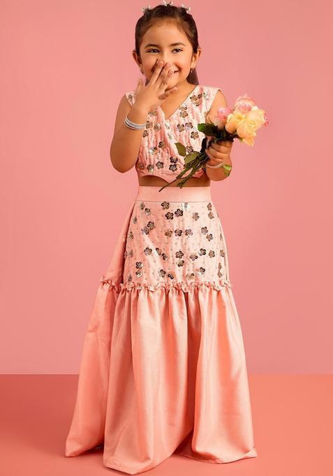 Peach Embellished Silk Lehenga Set For Girls — view on Indya