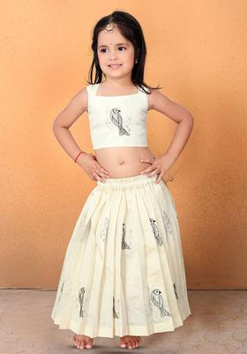 Beige Embroidered Cotton Lehenga Set For Girls