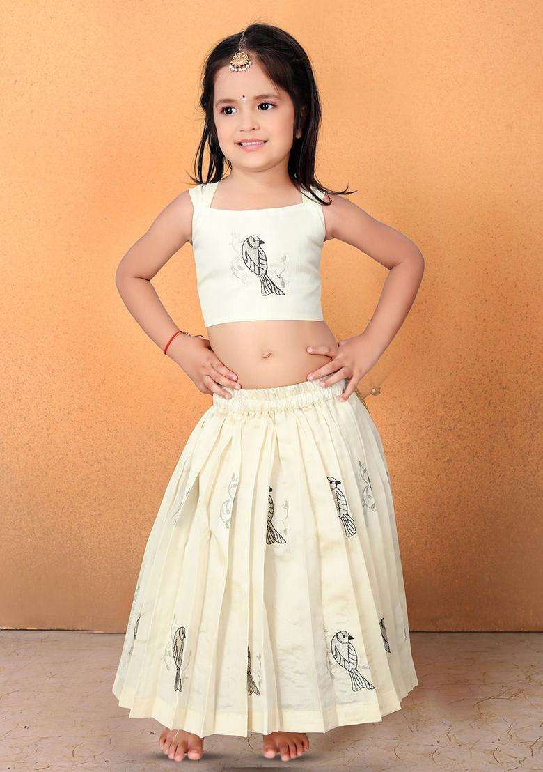 Beige Embroidered Cotton Lehenga Set For Girls - Indya