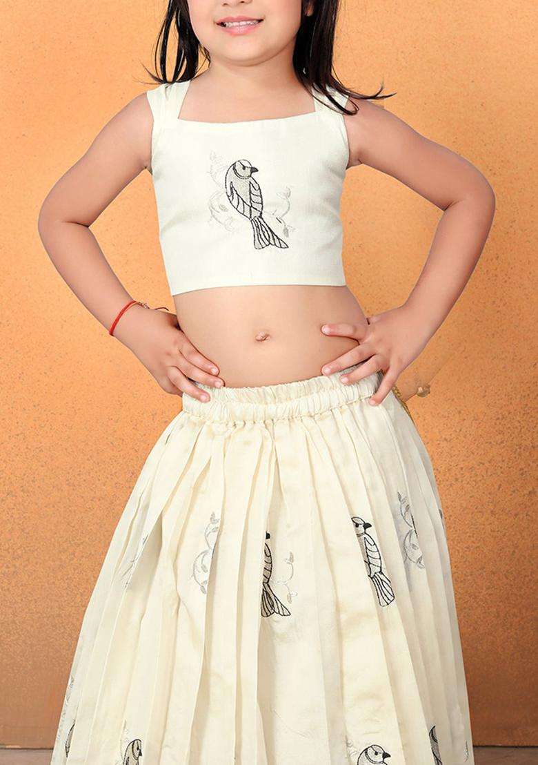Beige Embroidered Cotton Lehenga Set For Girls - Indya