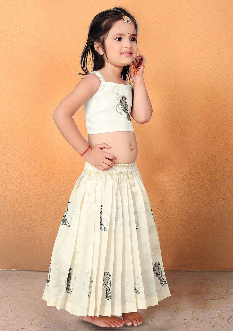 Beige Embroidered Cotton Lehenga Set For Girls - Indya