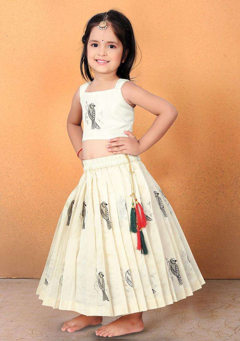 Beige Embroidered Cotton Lehenga Set For Girls - Indya