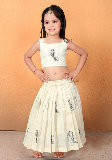 Beige Embroidered Cotton Lehenga Set For Girls — view on Indya
