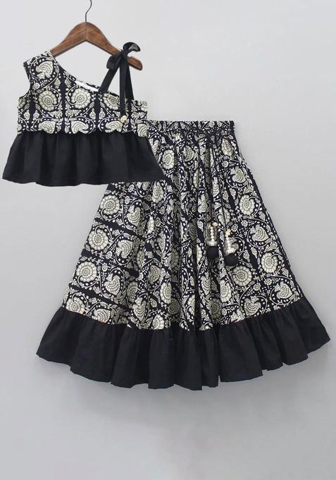Black Printed Polyester Lehenga Set For Girls — view on Indya