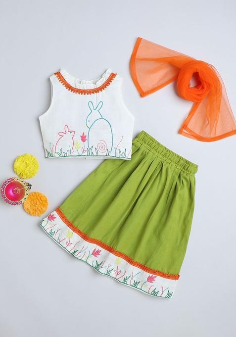 Green Printed Cotton Lehenga Set For Girls — view on Indya