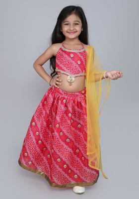 Red Printed Polyester Lehenga Set For Girls