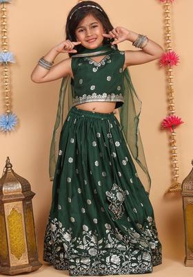 Green Embroidered Silk Lehenga Set For Girls
