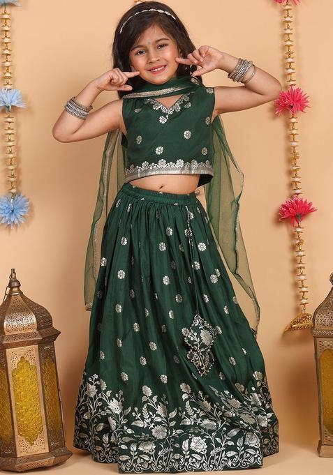 Green Embroidered Silk Lehenga Set For Girls — view on Indya