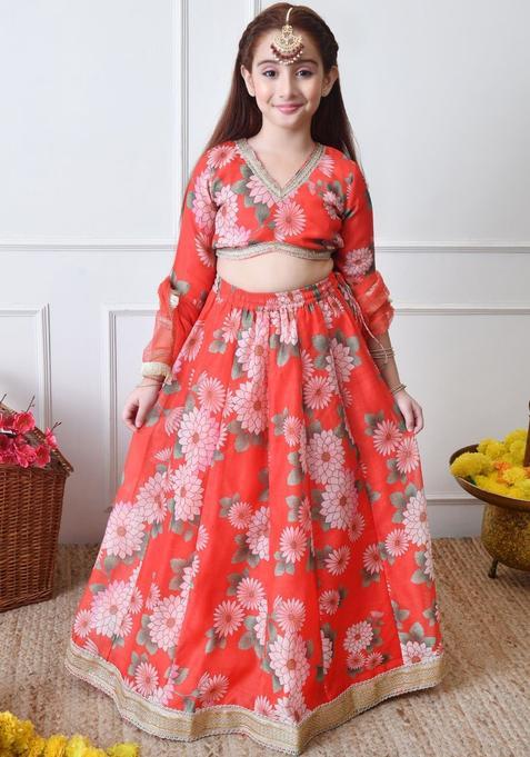 Red Floral Georgette Lehenga Set For Girls — view on Indya