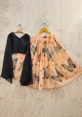 Peach Solid Georgette Lehenga Set For Girls