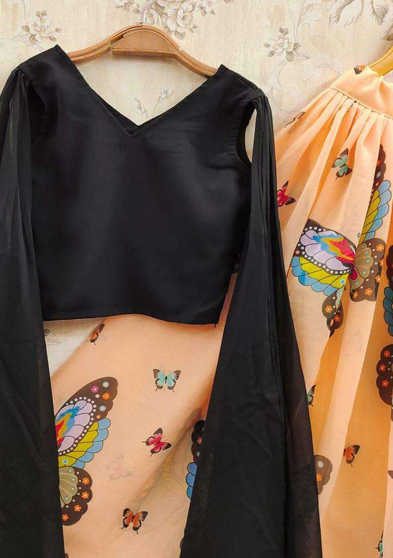Peach Solid Georgette Lehenga Set For Girls - Indya